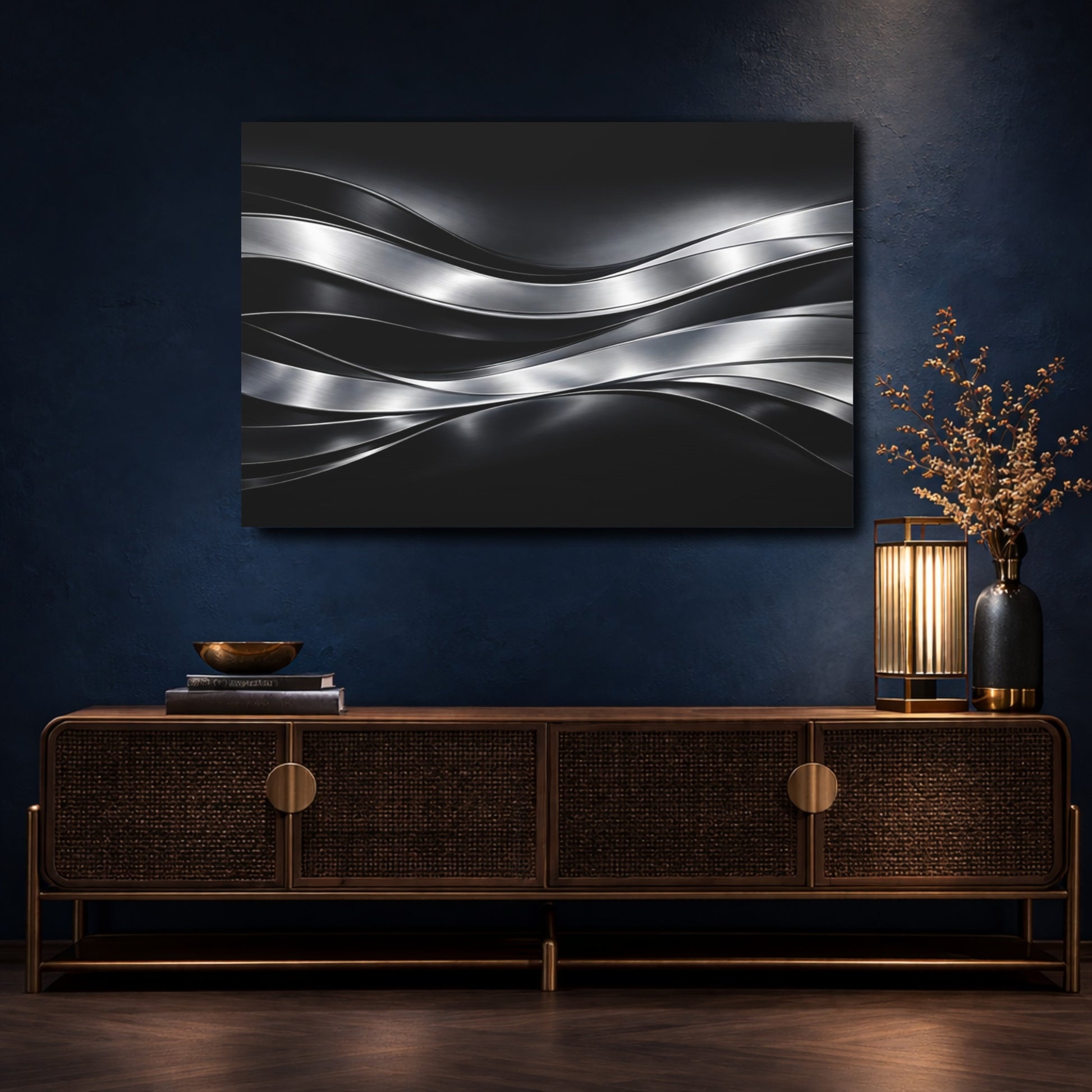 Mockup 4. Abstract Metallic Waves Black And Silver shown as stretched canvas wall art