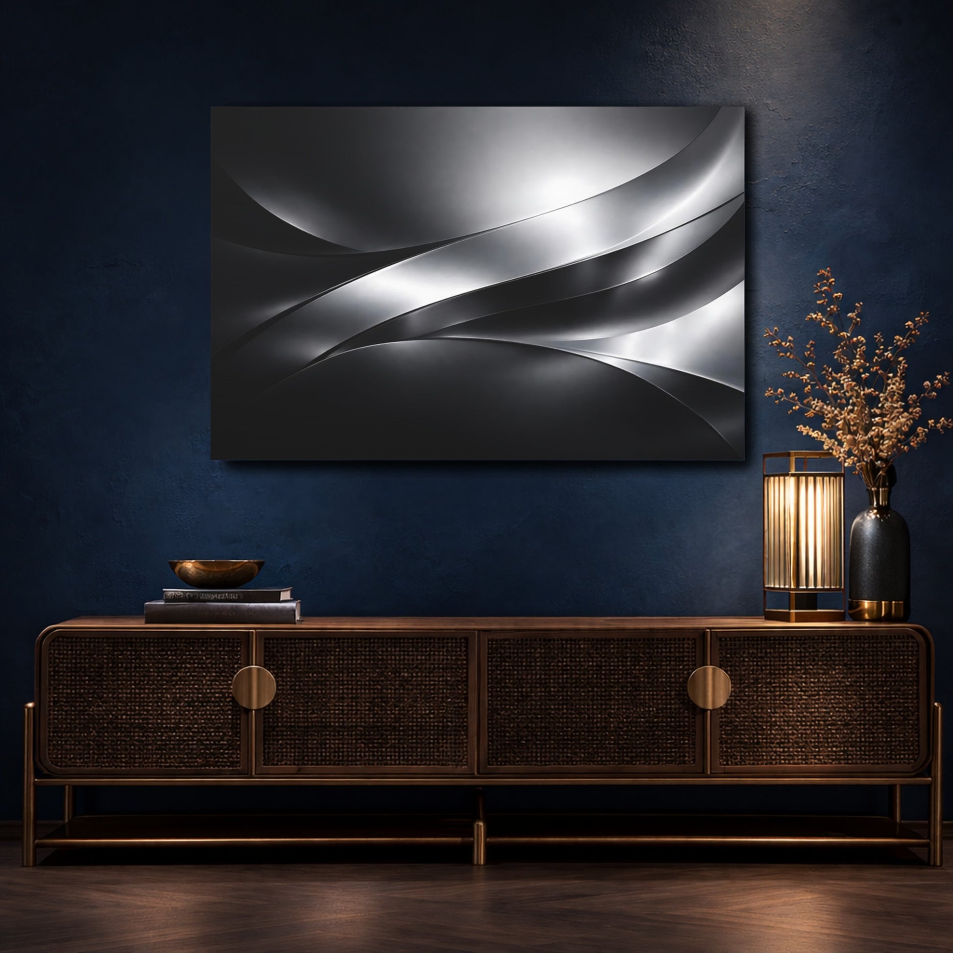 Mockup 4. Abstract Metallic Waves Black And Silver shown as stretched canvas wall art