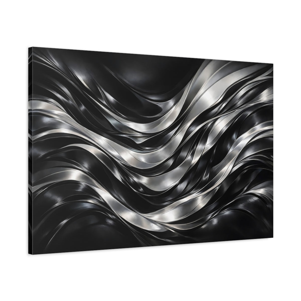 Side Mockup 1. Abstract Metallic Waves Black Silver Waves shown as stretched canvas wall art