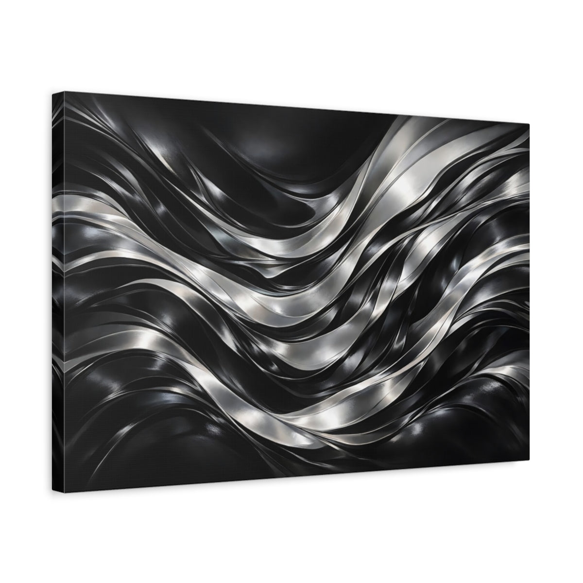 Side Mockup 3. Abstract Metallic Waves Black Silver Waves shown as stretched canvas wall art
