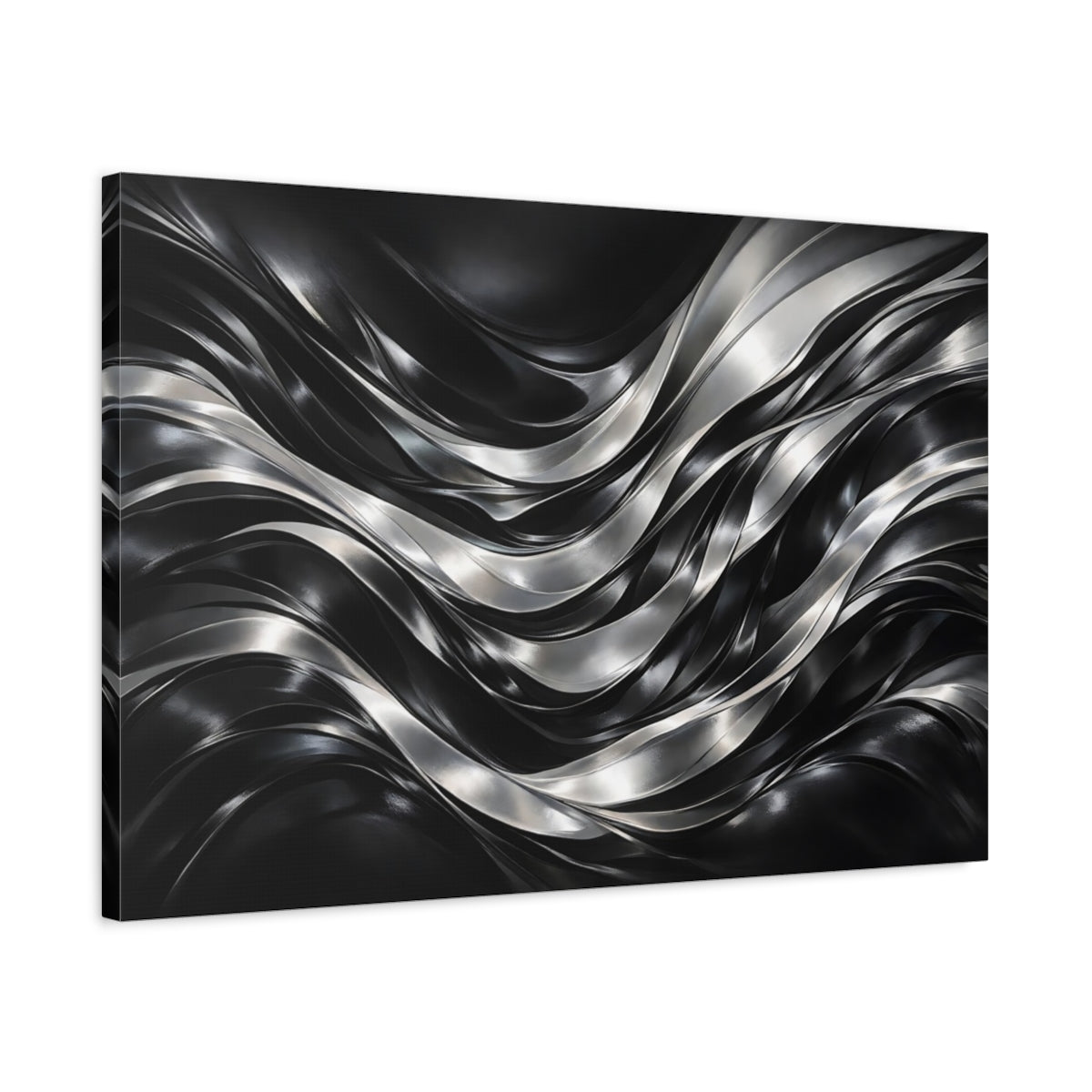 Side Mockup 2. Abstract Metallic Waves Black Silver Waves shown as stretched canvas wall art