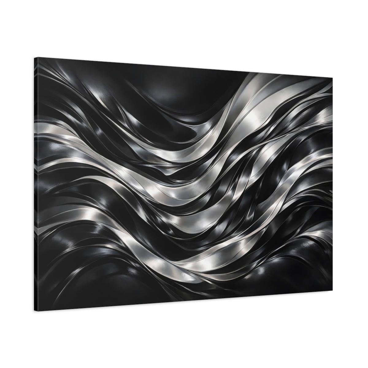 Main Mockup. Abstract Metallic Waves Black Silver Waves shown as stretched canvas wall art