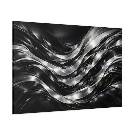 Main Mockup. Abstract Metallic Waves Black Silver Waves shown as stretched canvas wall art