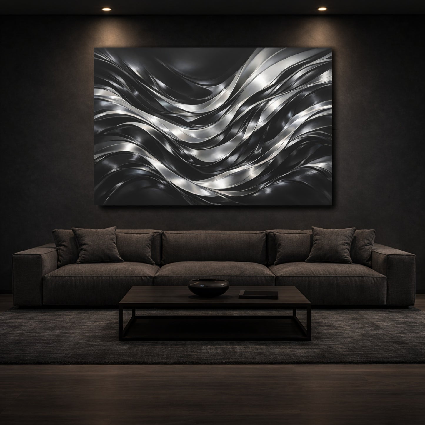 Mockup 2. Abstract Metallic Waves Black Silver Waves shown as stretched canvas wall art