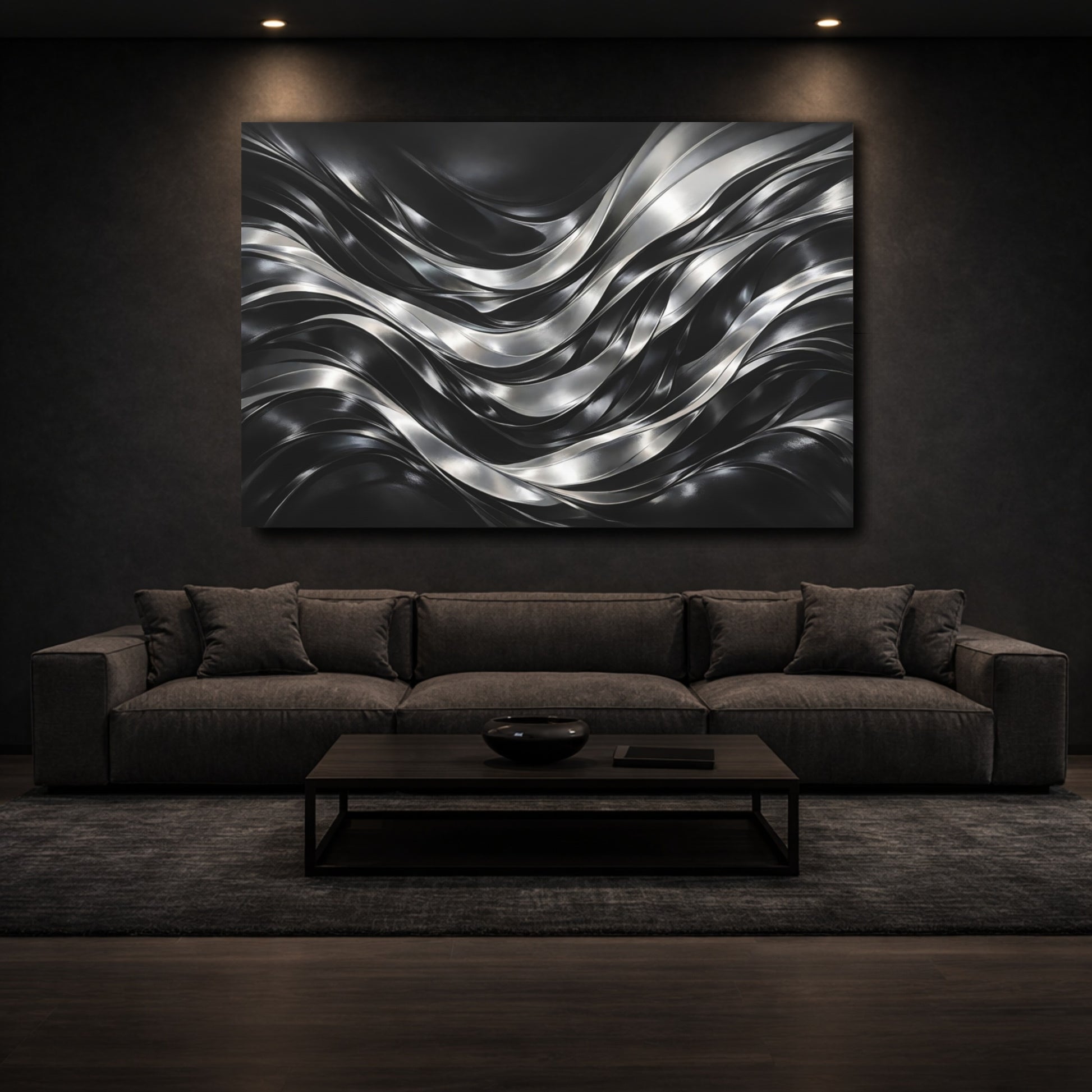 Mockup 2. Abstract Metallic Waves Black Silver Waves shown as stretched canvas wall art