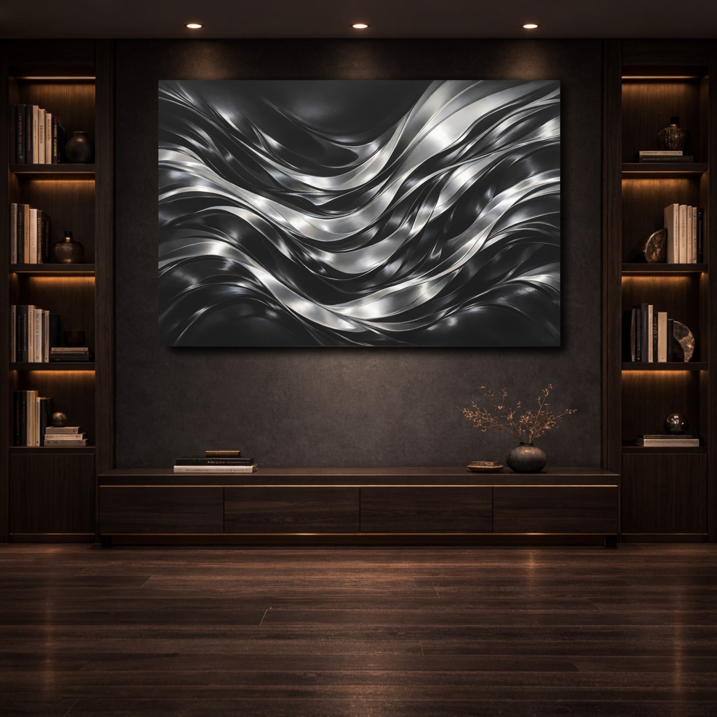 Mockup 3. Abstract Metallic Waves Black Silver Waves shown as stretched canvas wall art