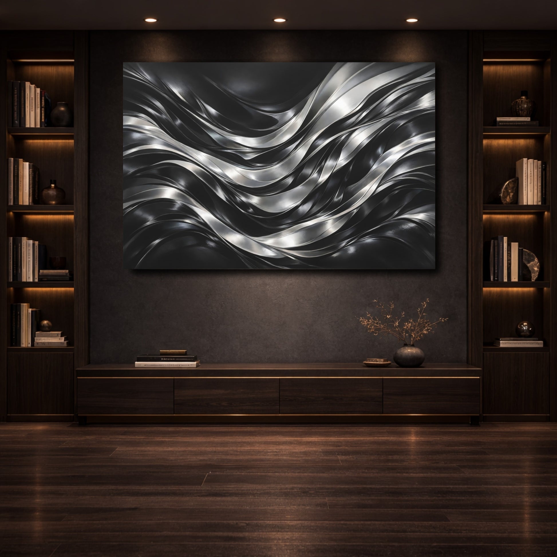 Mockup 3. Abstract Metallic Waves Black Silver Waves shown as stretched canvas wall art