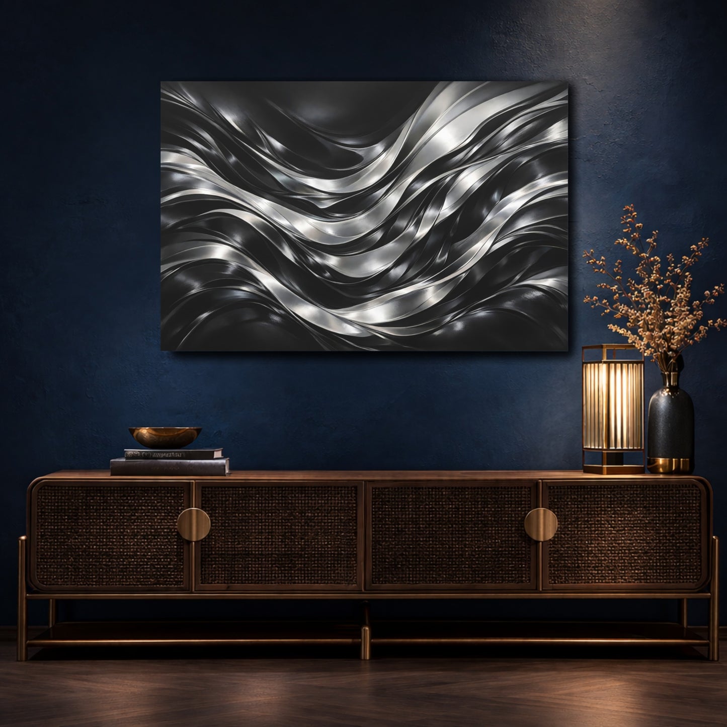 Mockup 4. Abstract Metallic Waves Black Silver Waves shown as stretched canvas wall art