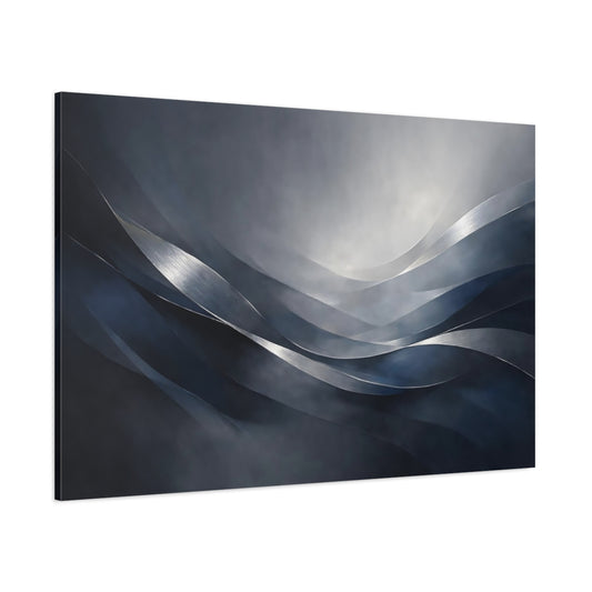 Main Mockup. Abstract Metallic Waves Blue Grey shown as stretched canvas wall art