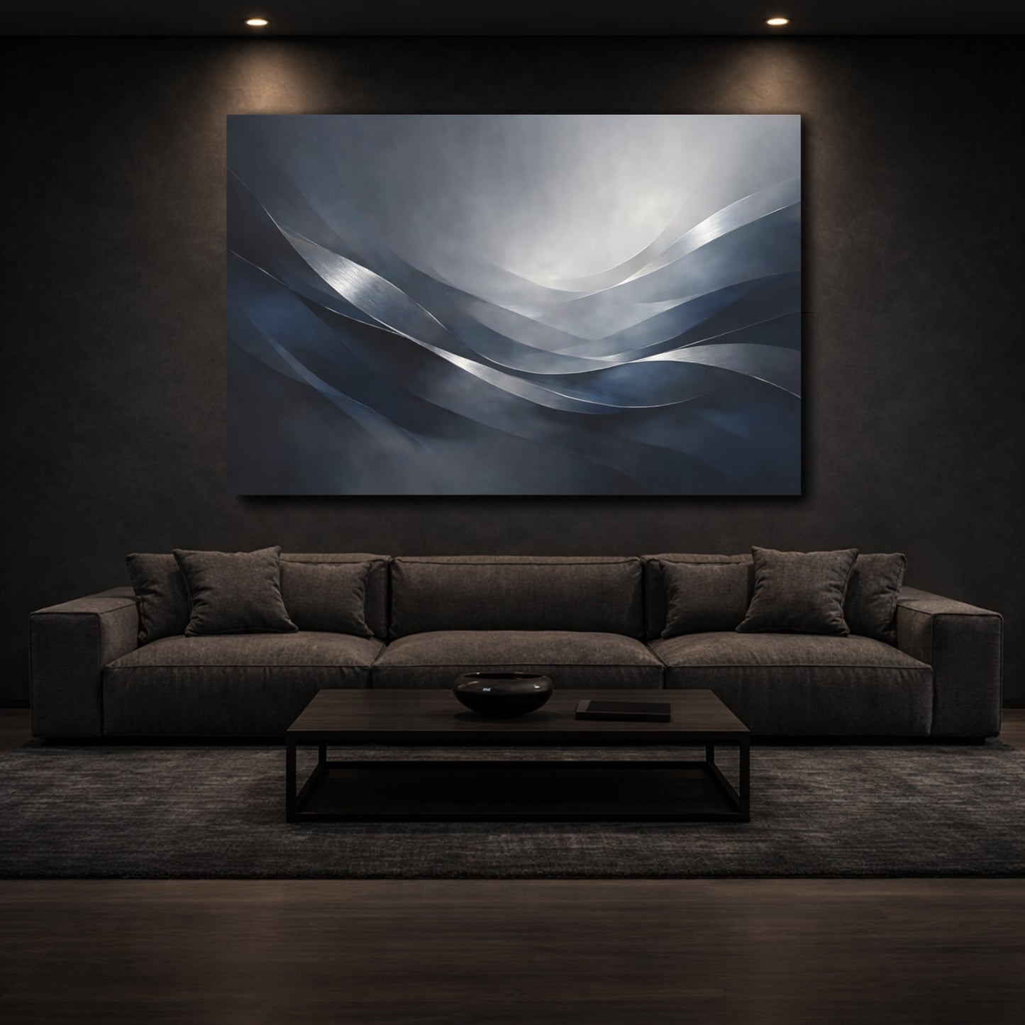 Mockup 2. Abstract Metallic Waves Blue Grey shown as stretched canvas wall art