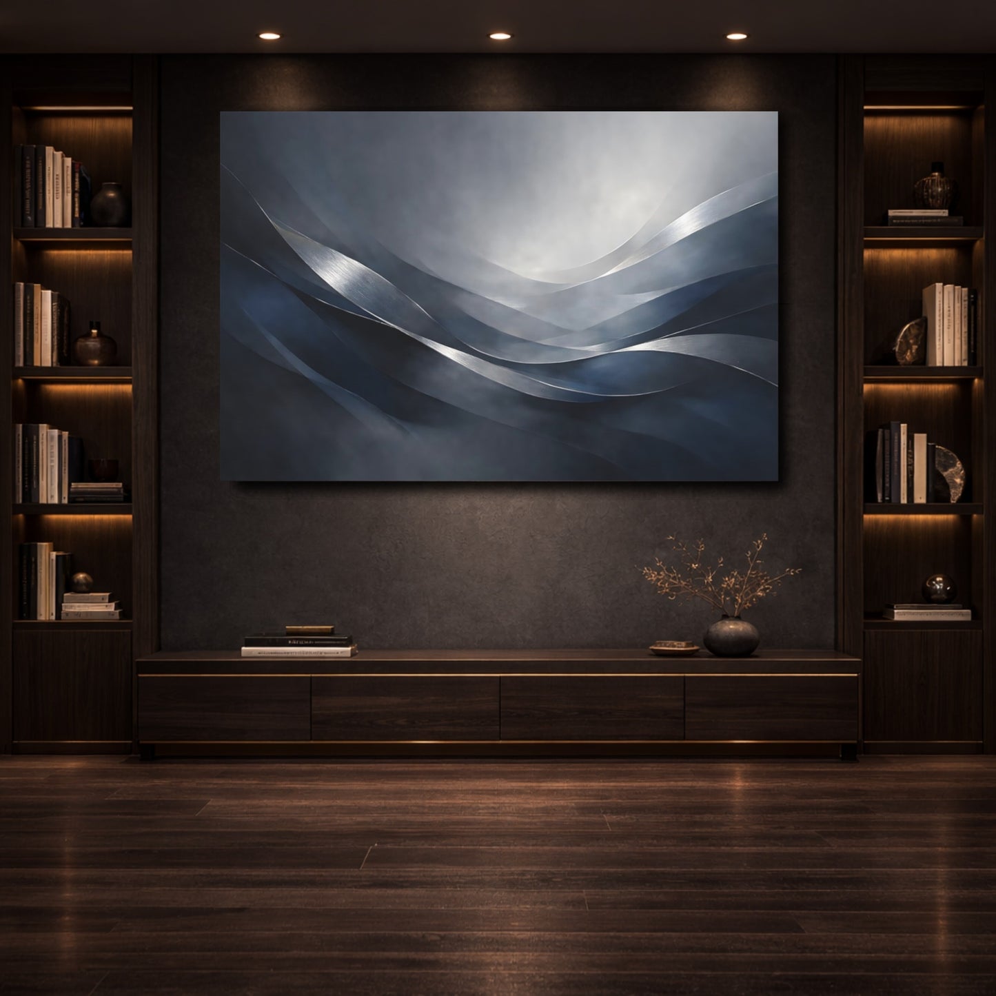 Mockup 3. Abstract Metallic Waves Blue Grey shown as stretched canvas wall art