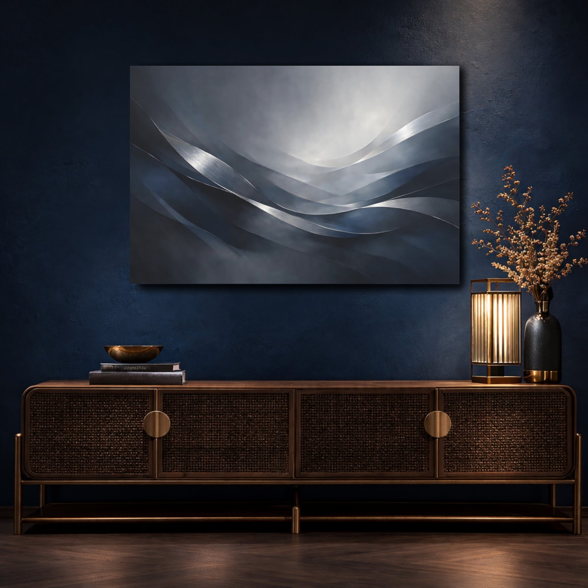 Mockup 4. Abstract Metallic Waves Blue Grey shown as stretched canvas wall art
