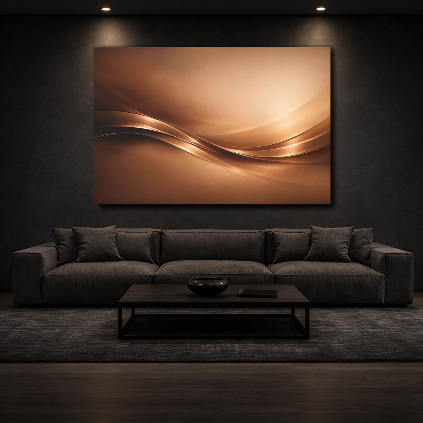 Mockup 2. Abstract Metallic Waves Bronze Gold Abstract shown as stretched canvas wall art