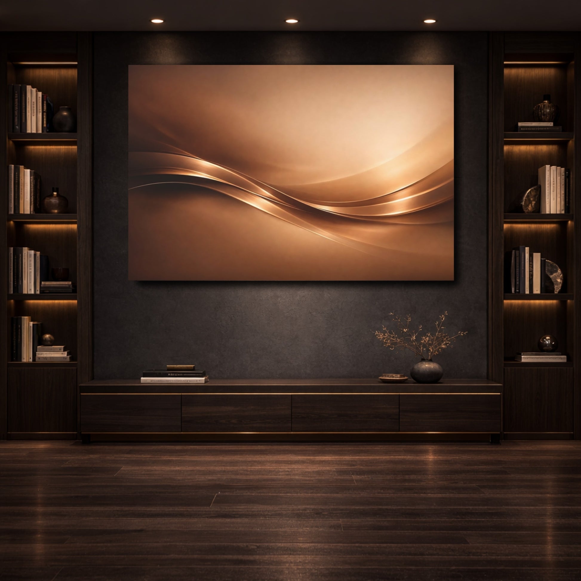 Mockup 3. Abstract Metallic Waves Bronze Gold Abstract shown as stretched canvas wall art