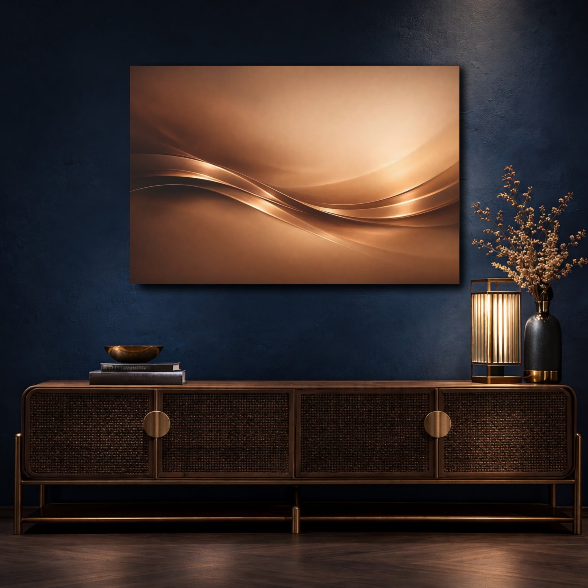 Mockup 4. Abstract Metallic Waves Bronze Gold Abstract shown as stretched canvas wall art