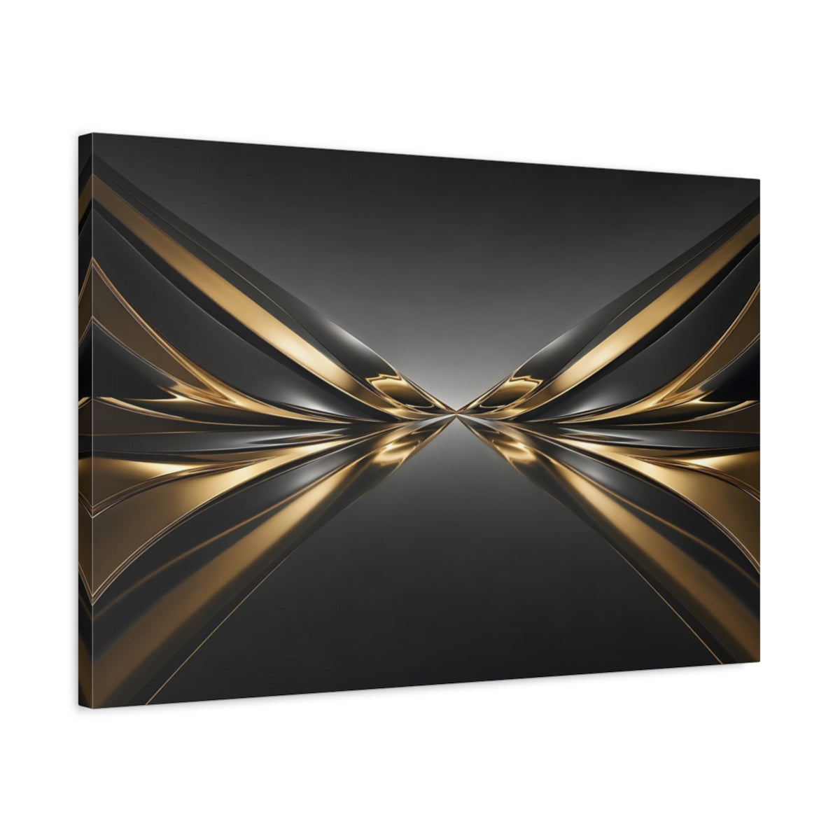 Side Mockup 2. Abstract Metallic Waves Gold And Black shown as stretched canvas wall art