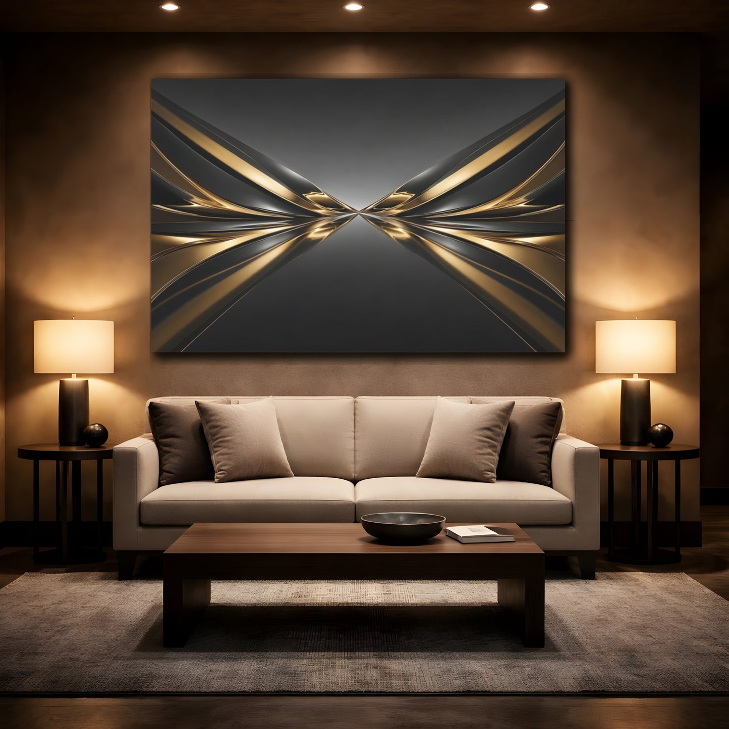 Mockup 2. Abstract Metallic Waves Gold And Black shown as stretched canvas wall art