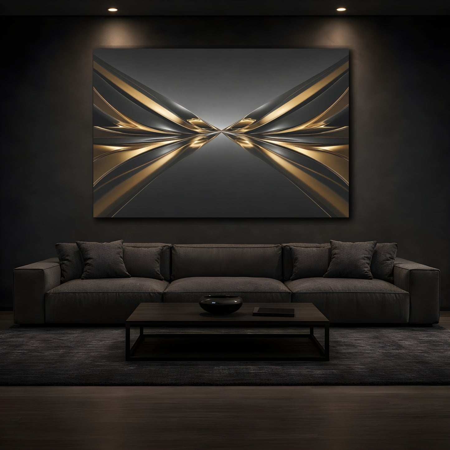Mockup 3. Abstract Metallic Waves Gold And Black shown as stretched canvas wall art