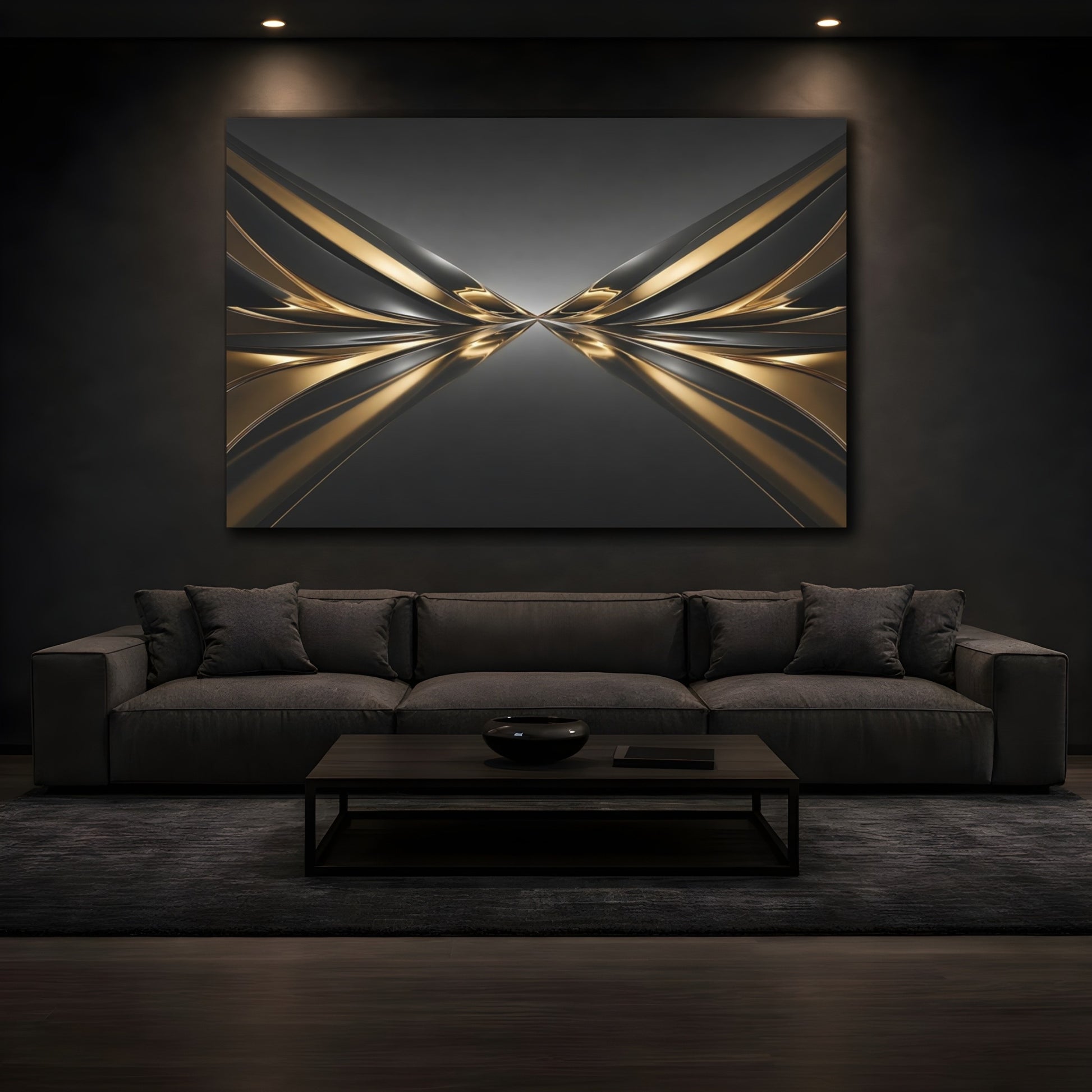 Mockup 3. Abstract Metallic Waves Gold And Black shown as stretched canvas wall art