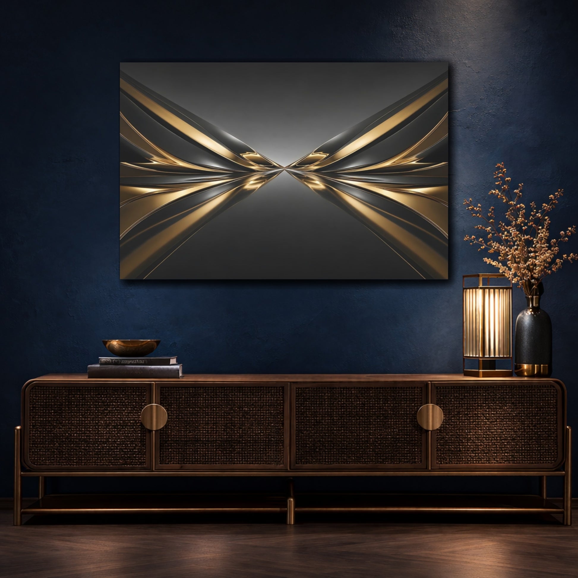 Mockup 4. Abstract Metallic Waves Gold And Black shown as stretched canvas wall art