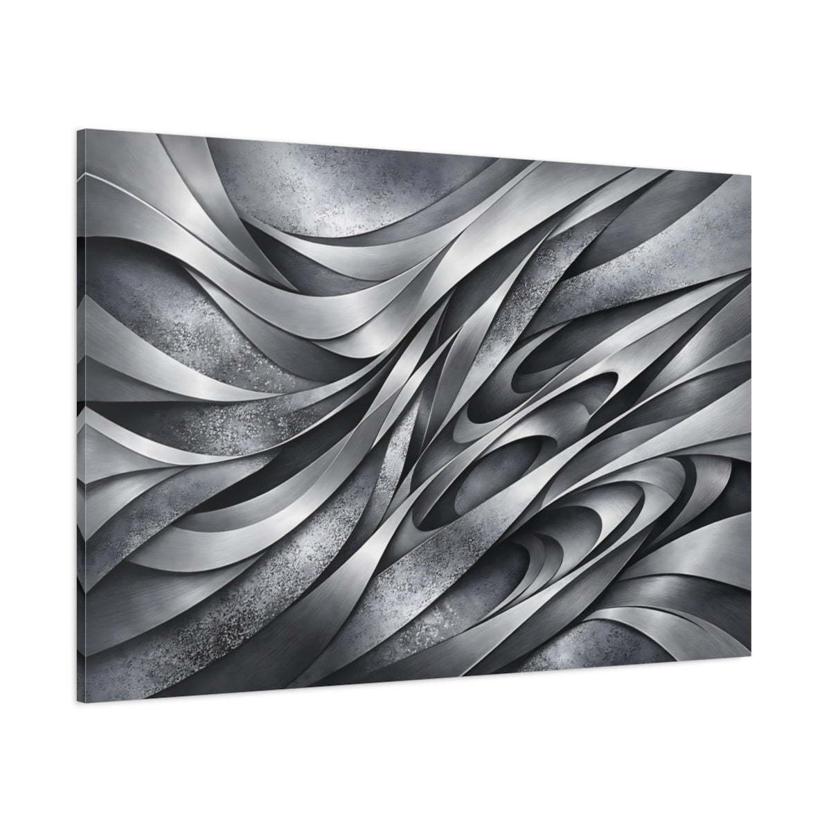 Main Mockup. Abstract Metallic Waves Gray Metal Abstract shown as stretched canvas wall art