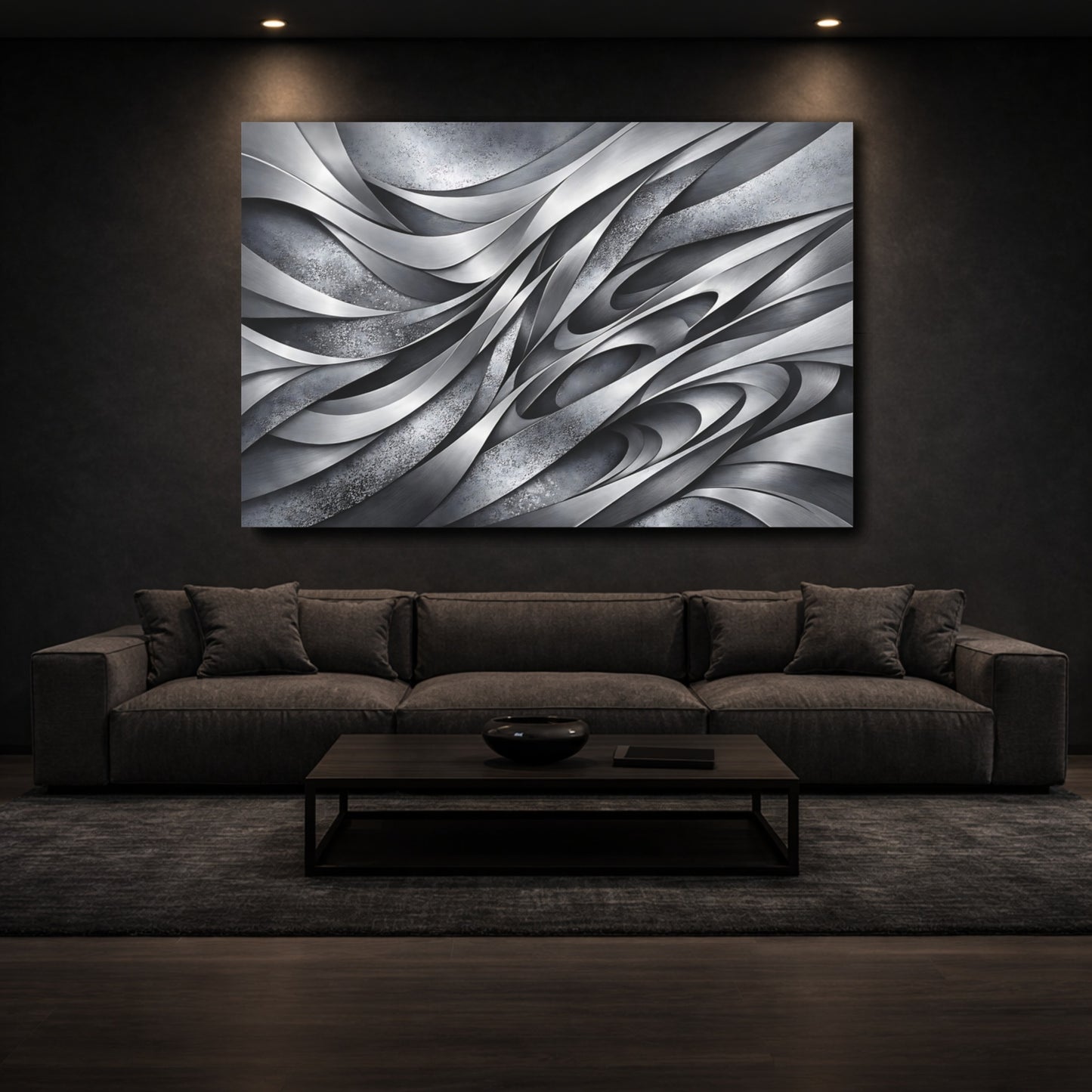 Mockup 2. Abstract Metallic Waves Gray Metal Abstract shown as stretched canvas wall art