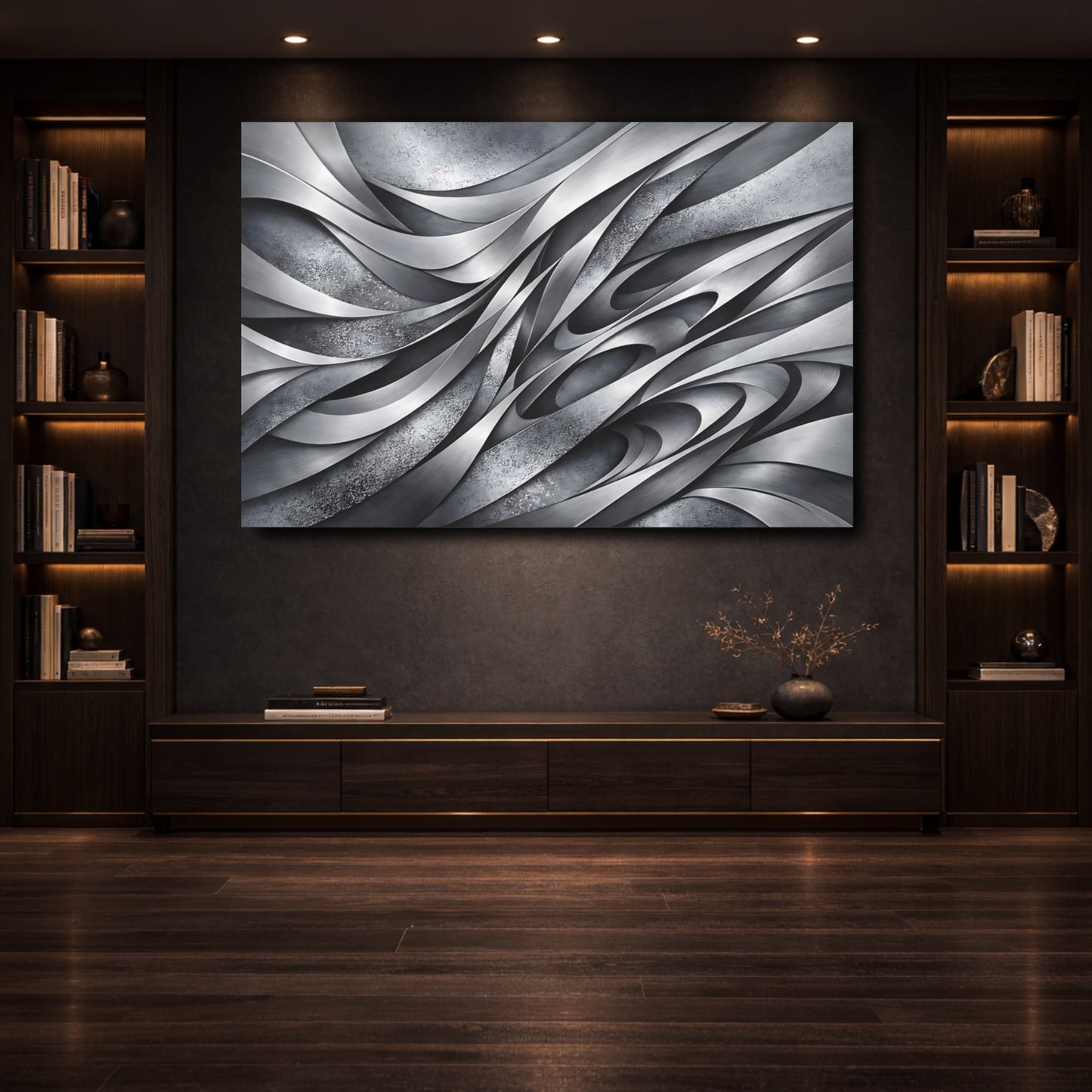Mockup 3. Abstract Metallic Waves Gray Metal Abstract shown as stretched canvas wall art