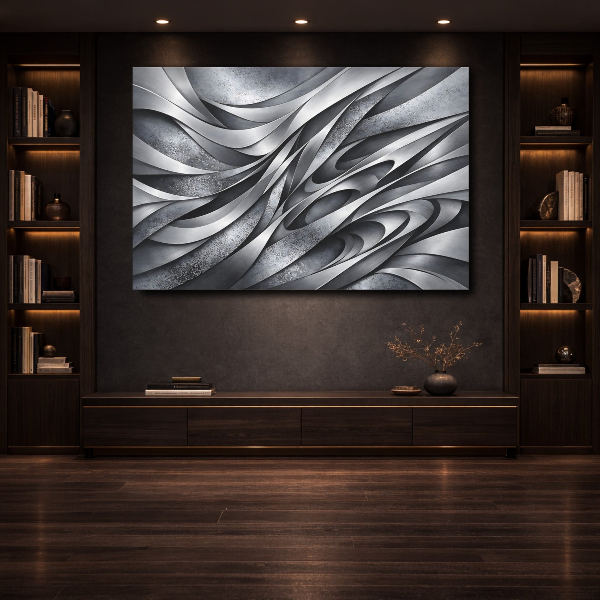 Mockup 3. Abstract Metallic Waves Gray Metal Abstract shown as stretched canvas wall art