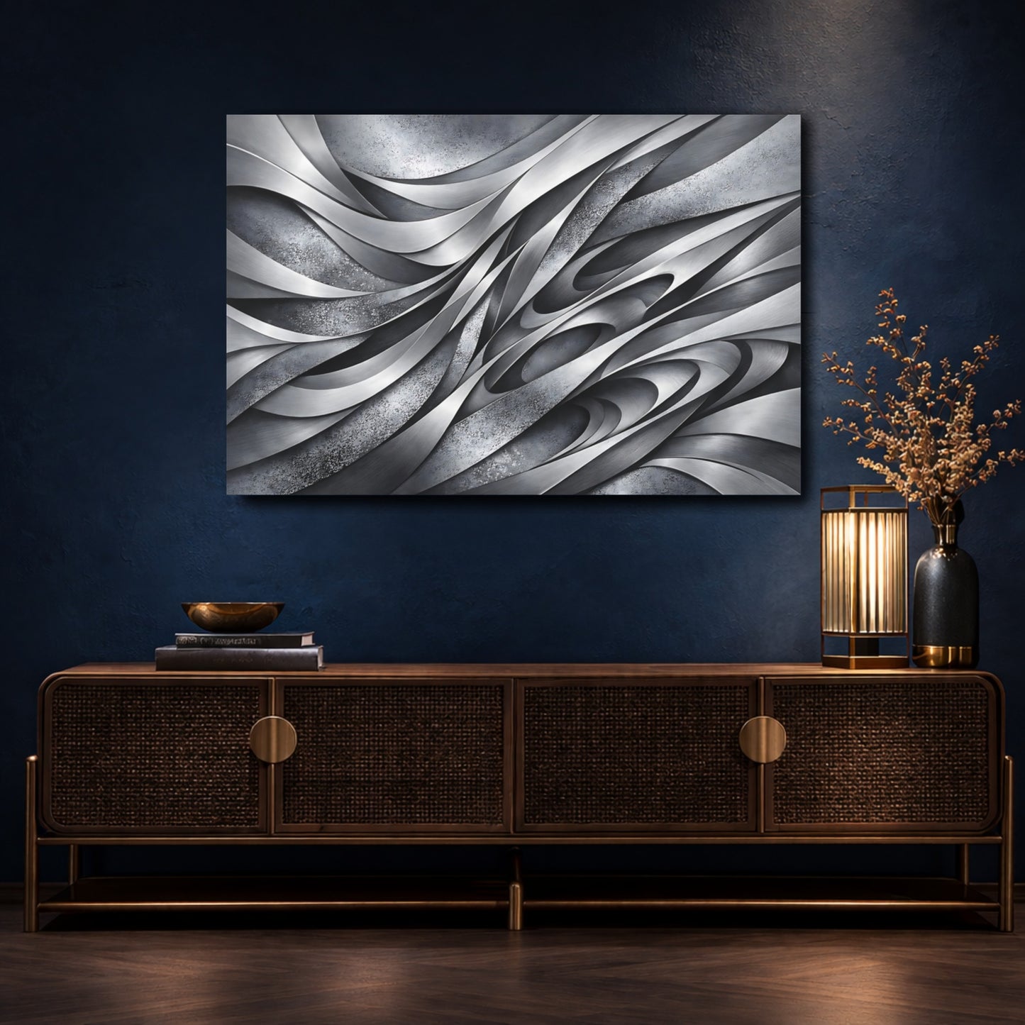 Mockup 4. Abstract Metallic Waves Gray Metal Abstract shown as stretched canvas wall art