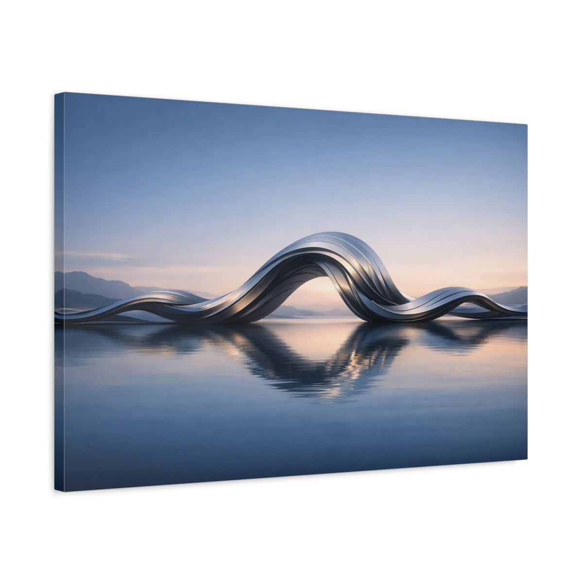 Side Mockup 2. Abstract Metallic Waves Silver Waves shown as stretched canvas wall art