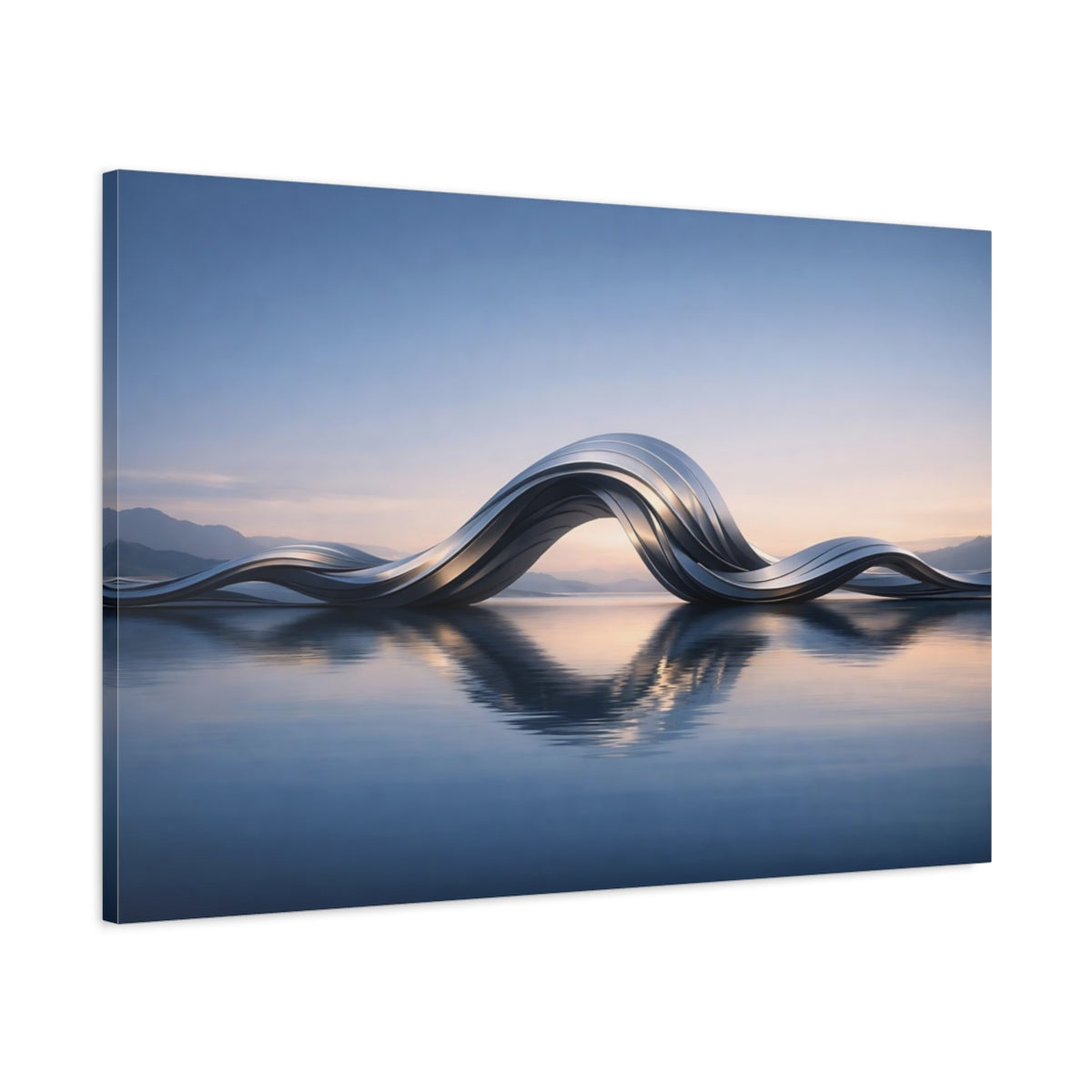 Side Mockup 1. Abstract Metallic Waves Silver Waves shown as stretched canvas wall art