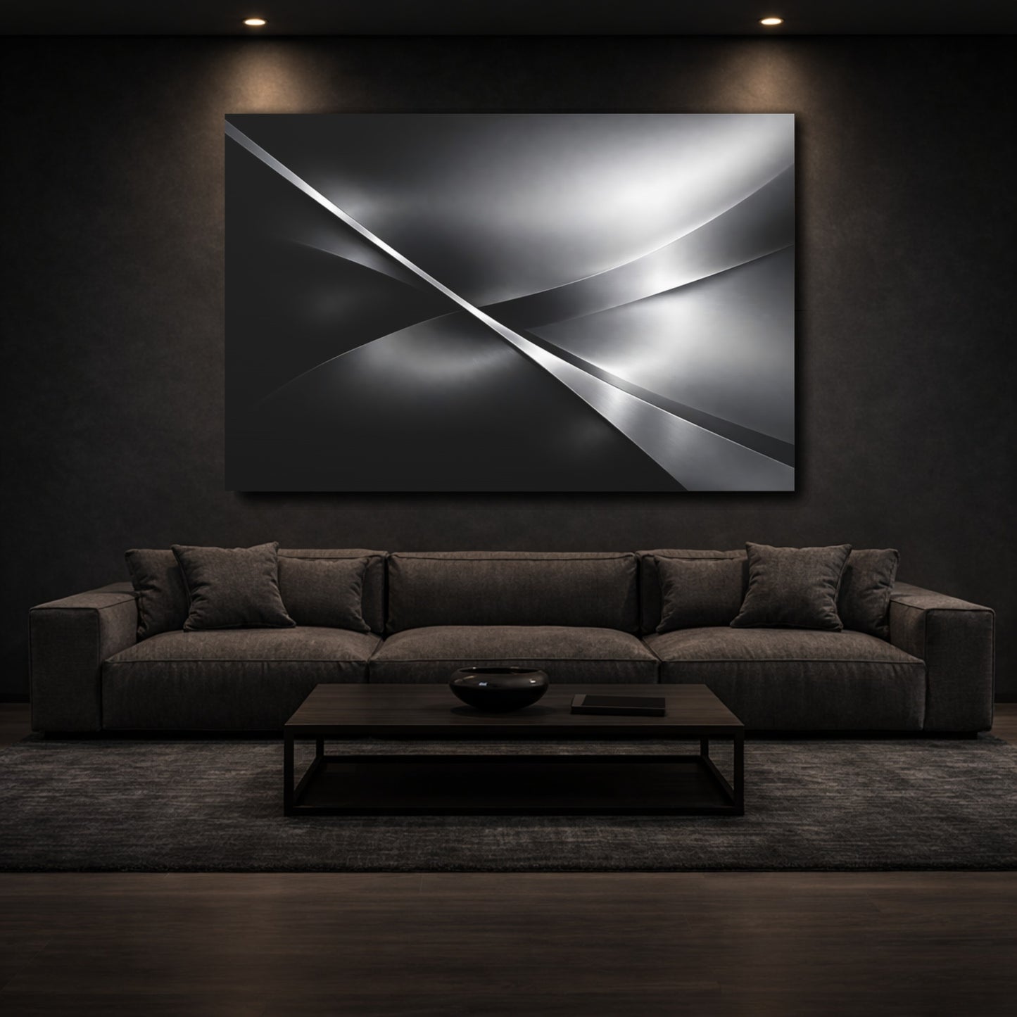 Mockup 2. Abstract Metallic Waves Silver Grey Abstract shown as stretched canvas wall art