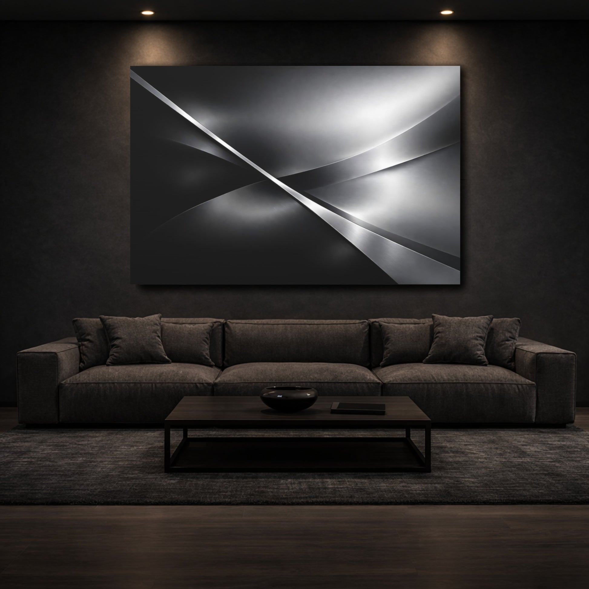 Mockup 2. Abstract Metallic Waves Silver Grey Abstract shown as stretched canvas wall art
