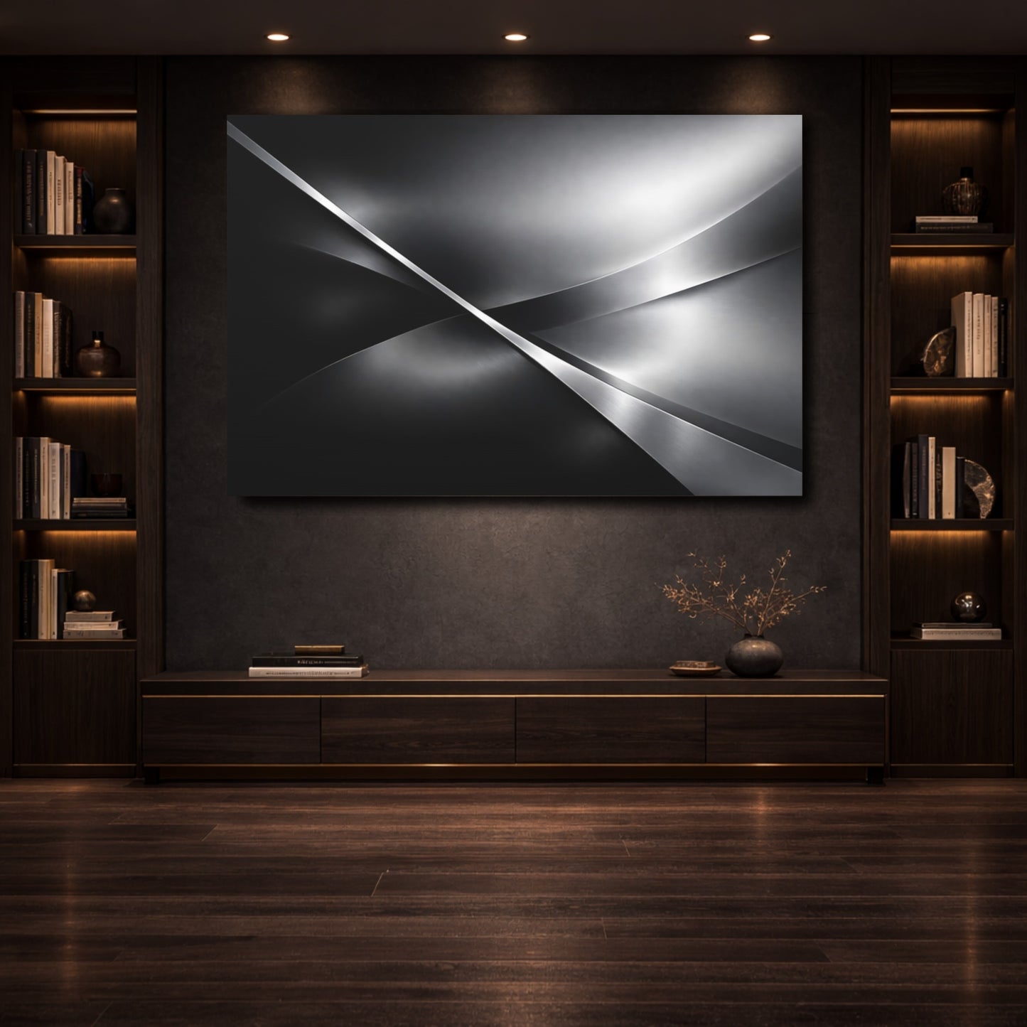 Mockup 3. Abstract Metallic Waves Silver Grey Abstract shown as stretched canvas wall art
