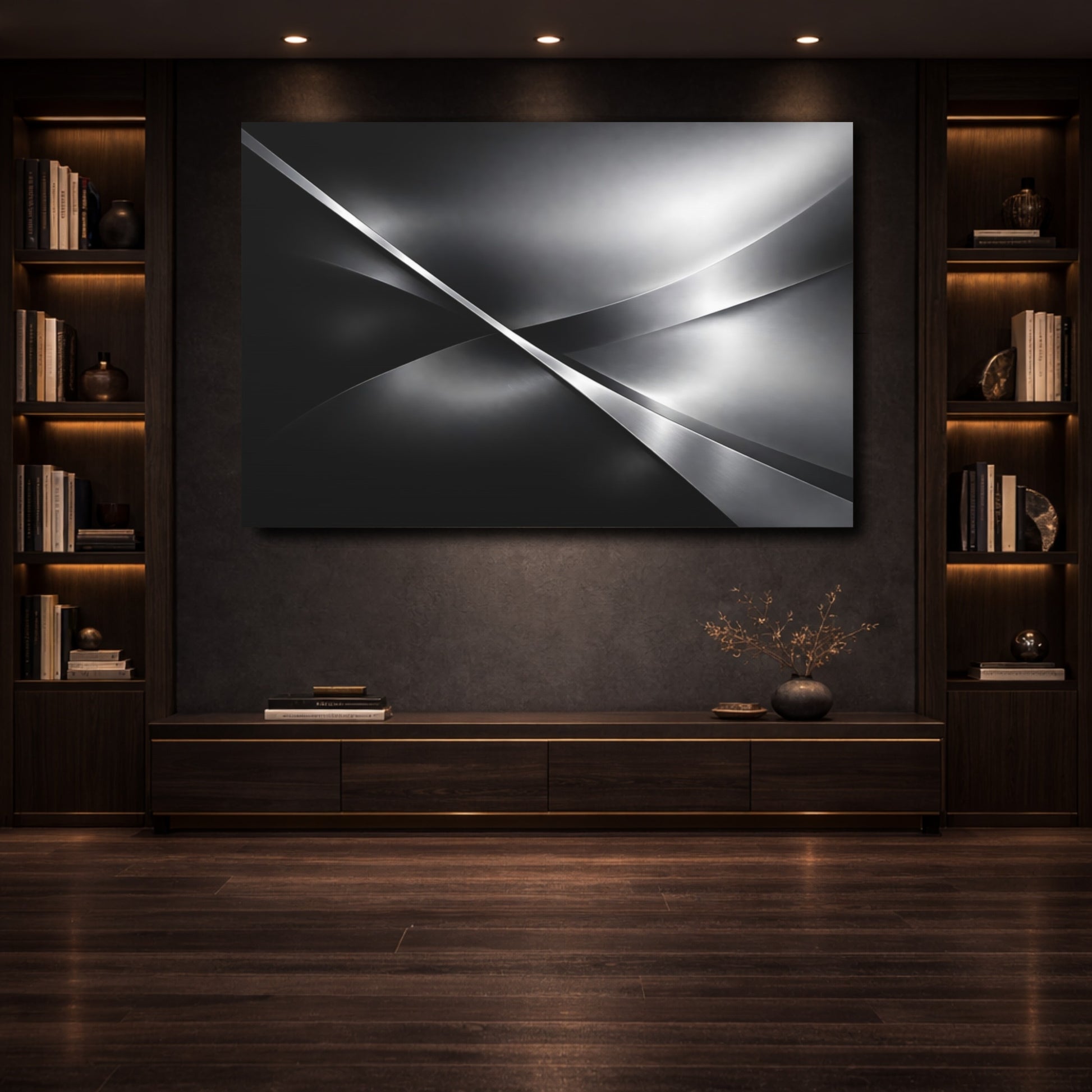 Mockup 3. Abstract Metallic Waves Silver Grey Abstract shown as stretched canvas wall art