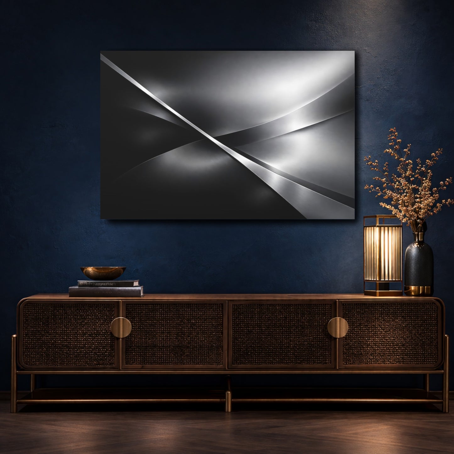 Mockup 4. Abstract Metallic Waves Silver Grey Abstract shown as stretched canvas wall art