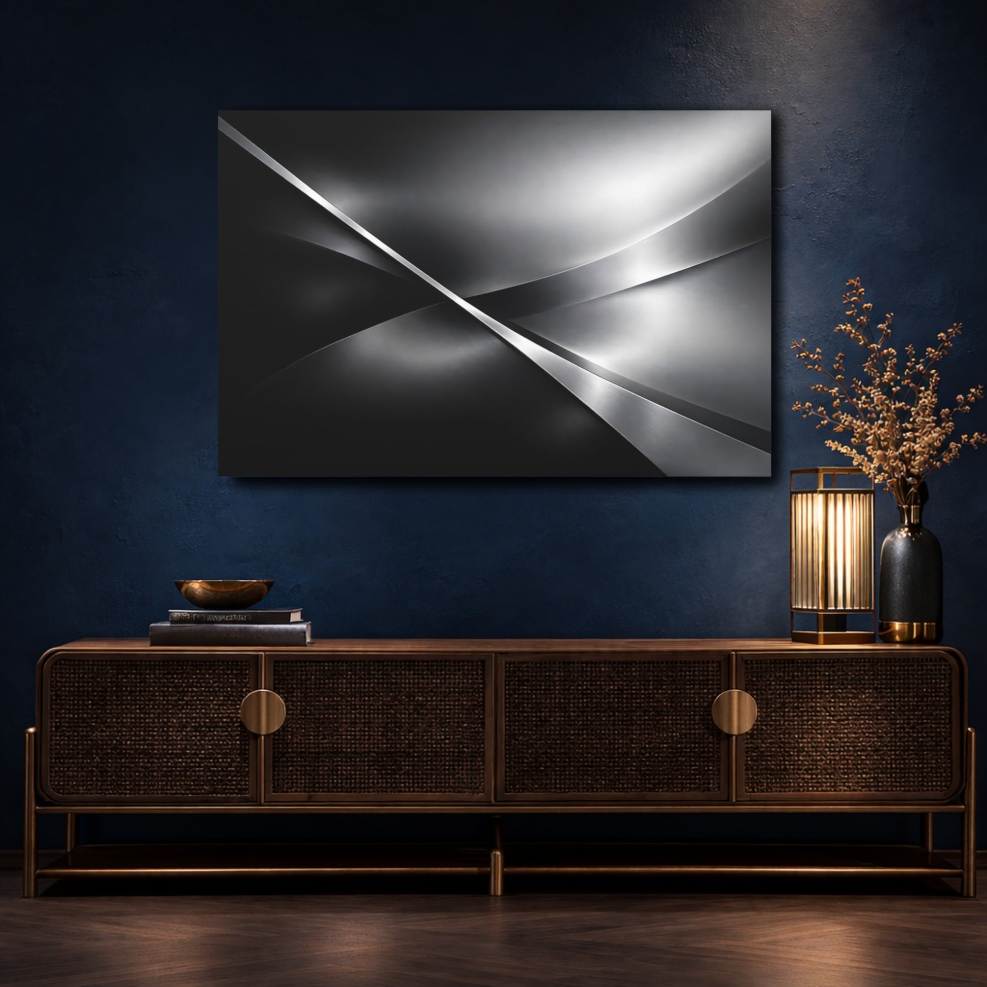 Mockup 4. Abstract Metallic Waves Silver Grey Abstract shown as stretched canvas wall art