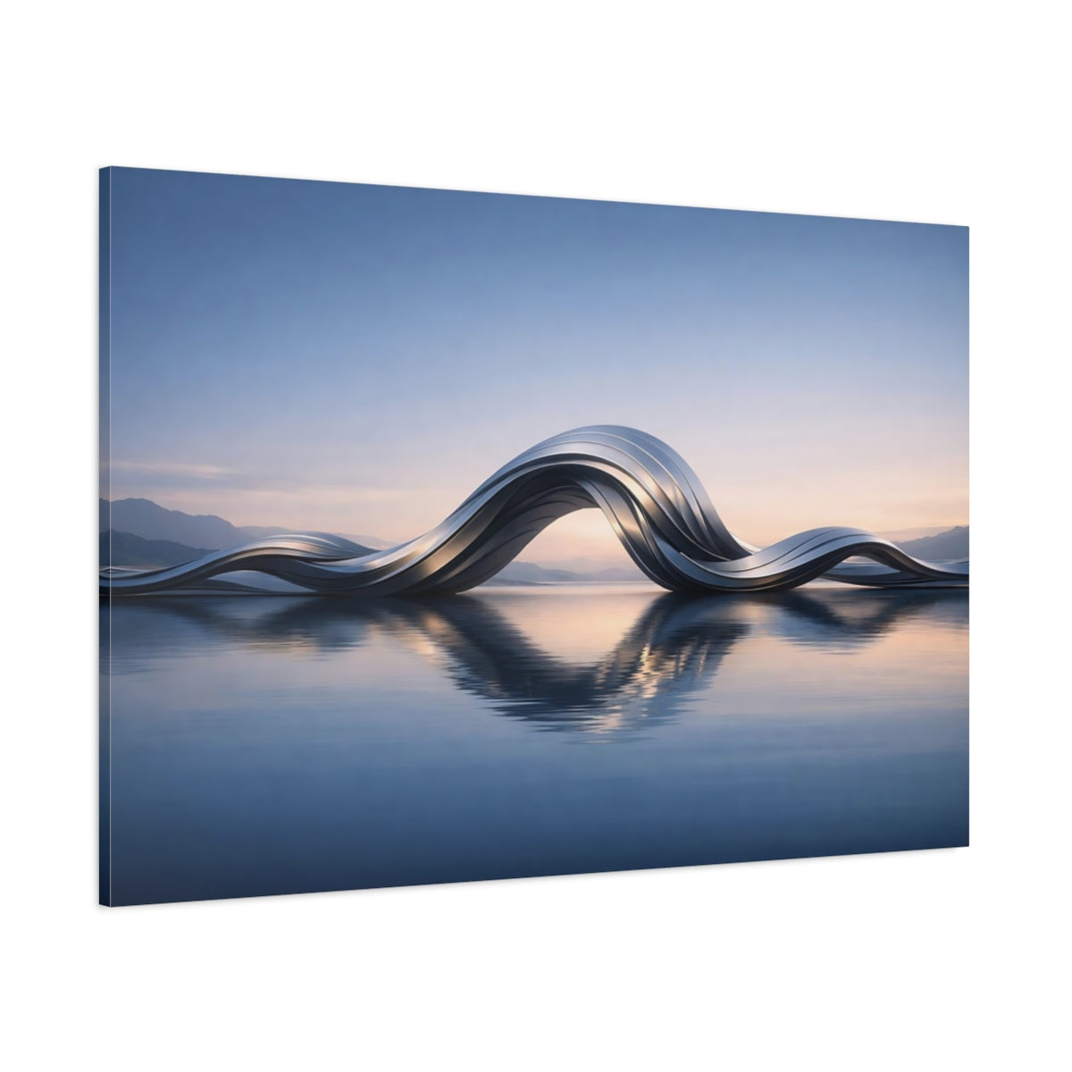 Main Mockup. Abstract Metallic Waves Silver Waves shown as stretched canvas wall art