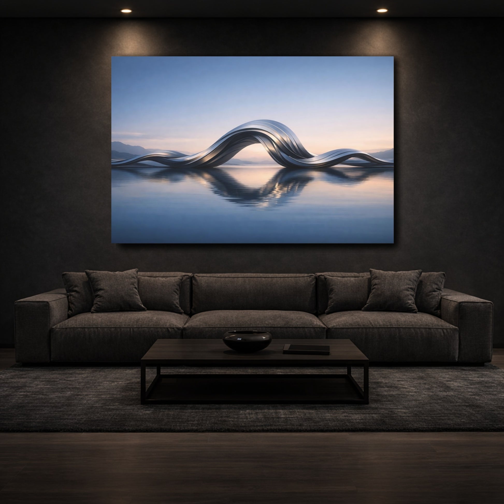 Mockup 2. Abstract Metallic Waves Silver Waves shown as stretched canvas wall art