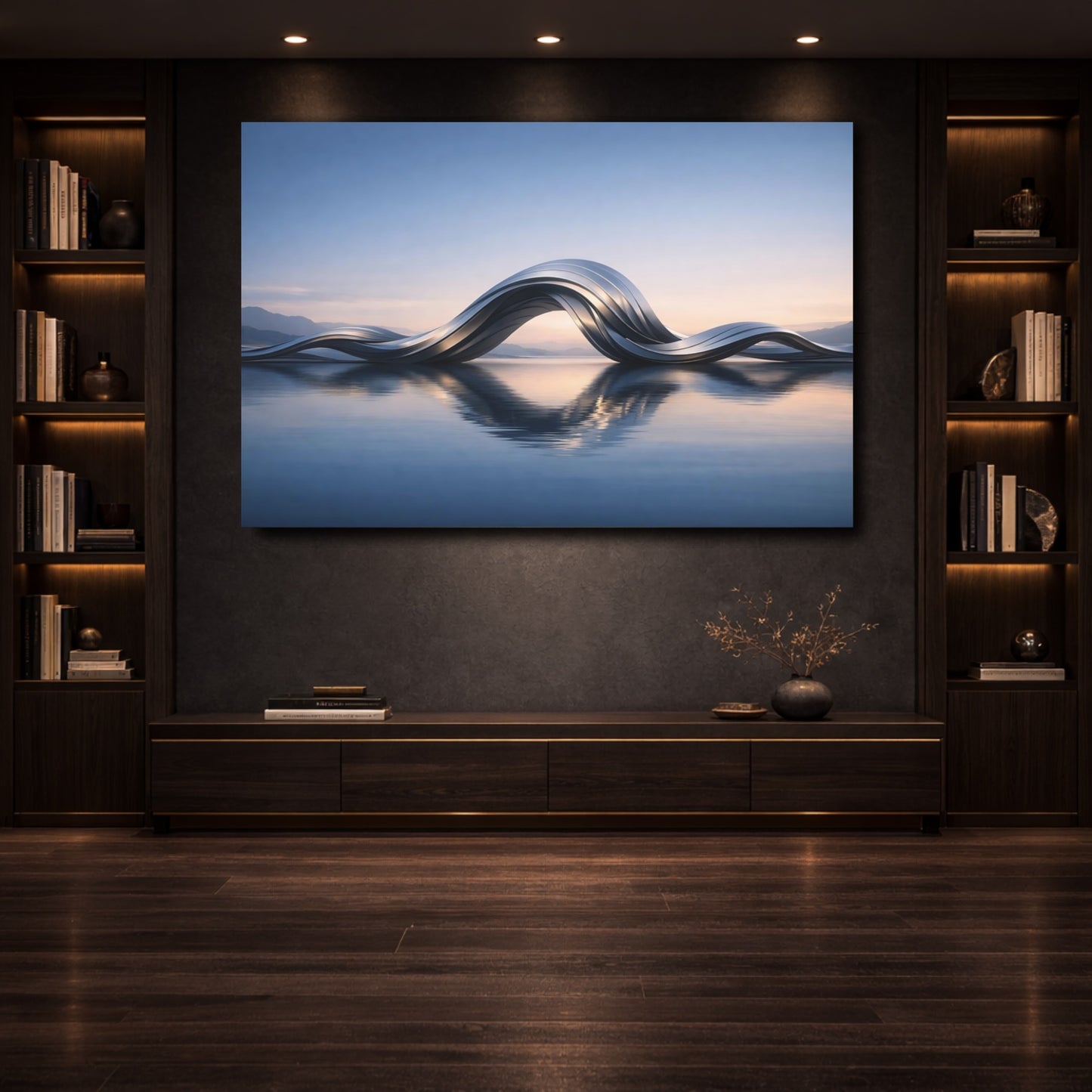 Mockup 3. Abstract Metallic Waves Silver Waves shown as stretched canvas wall art