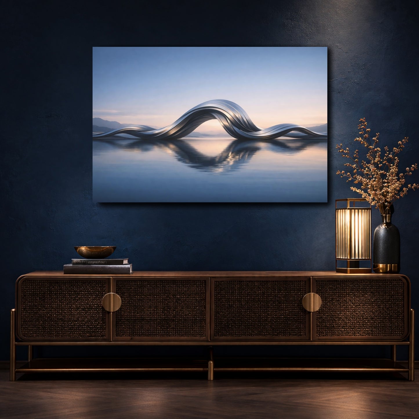 Mockup 4. Abstract Metallic Waves Silver Waves shown as stretched canvas wall art