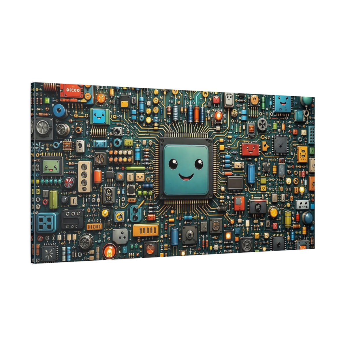 Side Mockup 2. Abstract Microchip Colorful Circuit Board shown as stretched canvas wall art