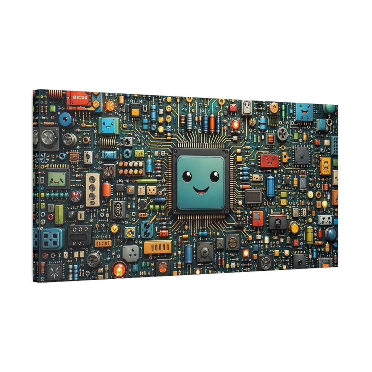 Side Mockup 1. Abstract Microchip Colorful Circuit Board shown as stretched canvas wall art