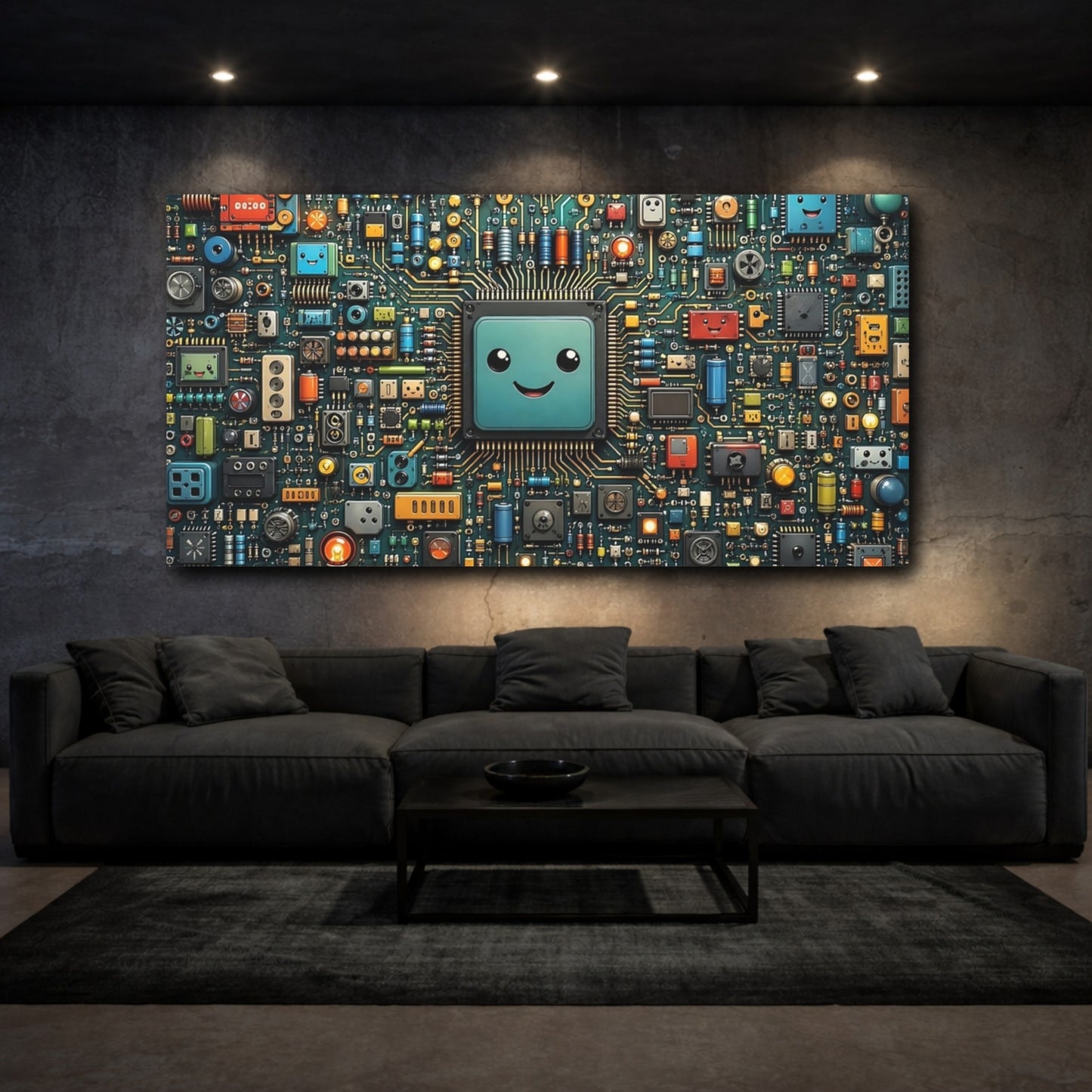 Mockup 2. Abstract Microchip Colorful Circuit Board shown as stretched canvas wall art
