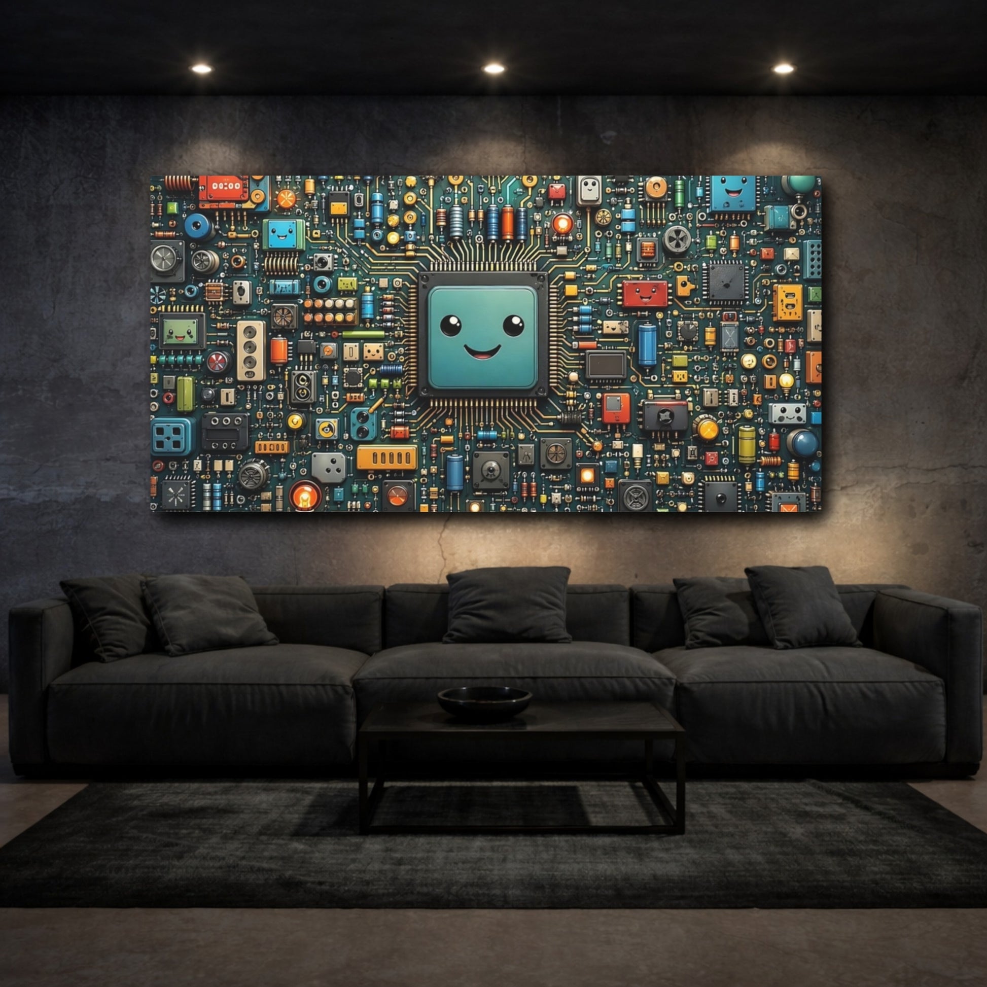 Mockup 2. Abstract Microchip Colorful Circuit Board shown as stretched canvas wall art