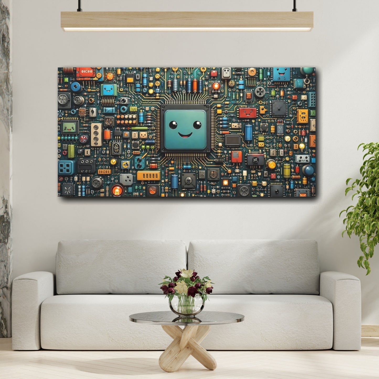 Mockup 3. Abstract Microchip Colorful Circuit Board shown as stretched canvas wall art