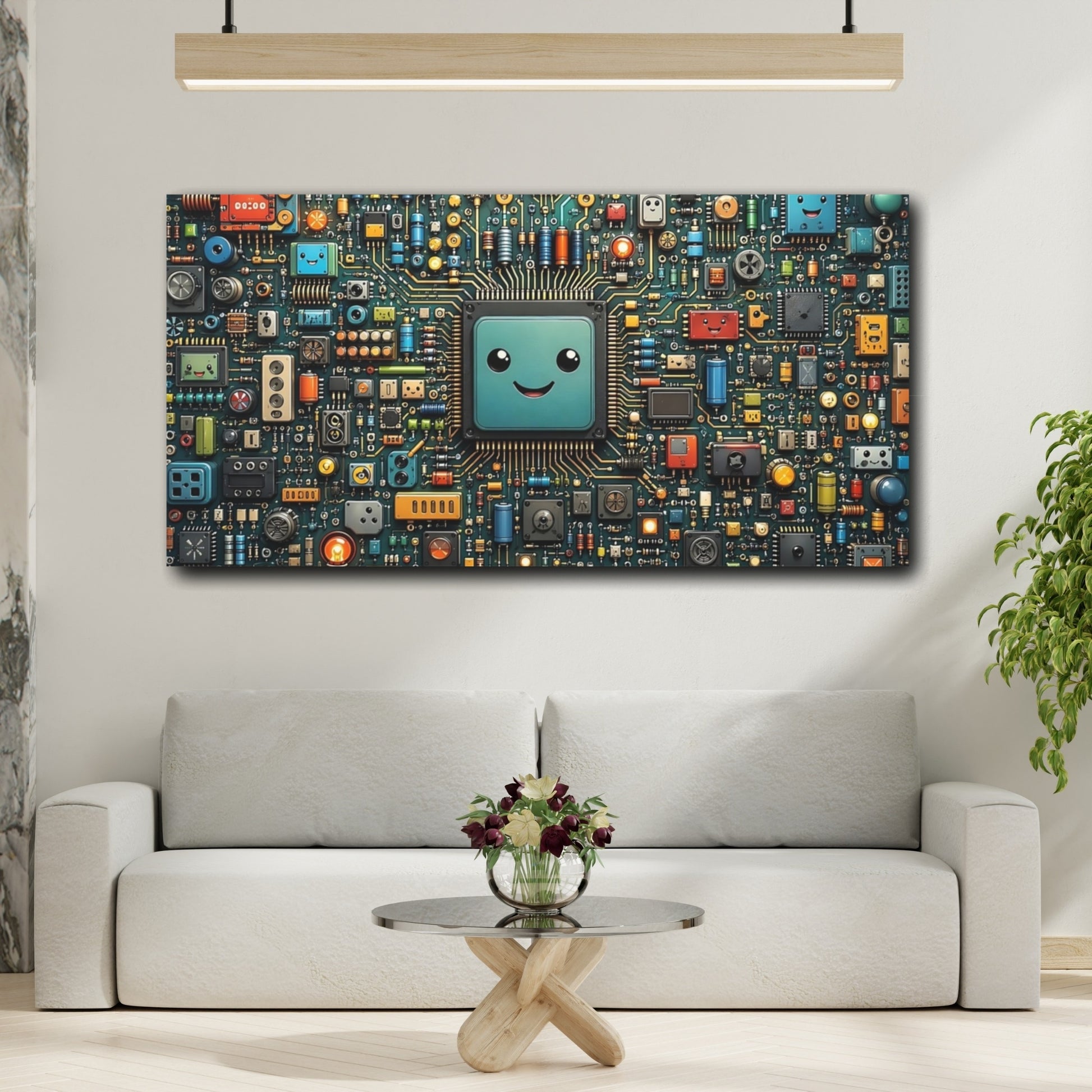 Mockup 3. Abstract Microchip Colorful Circuit Board shown as stretched canvas wall art