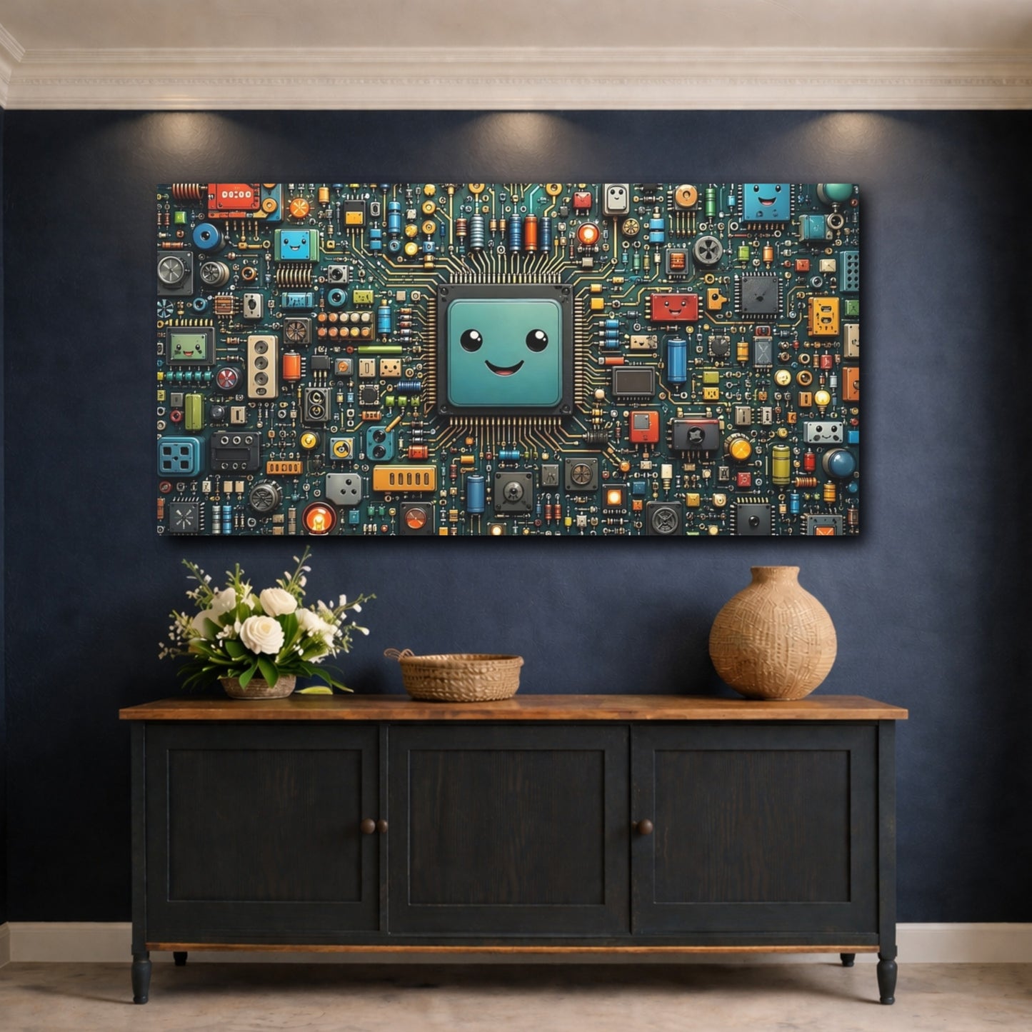 Mockup 4. Abstract Microchip Colorful Circuit Board shown as stretched canvas wall art