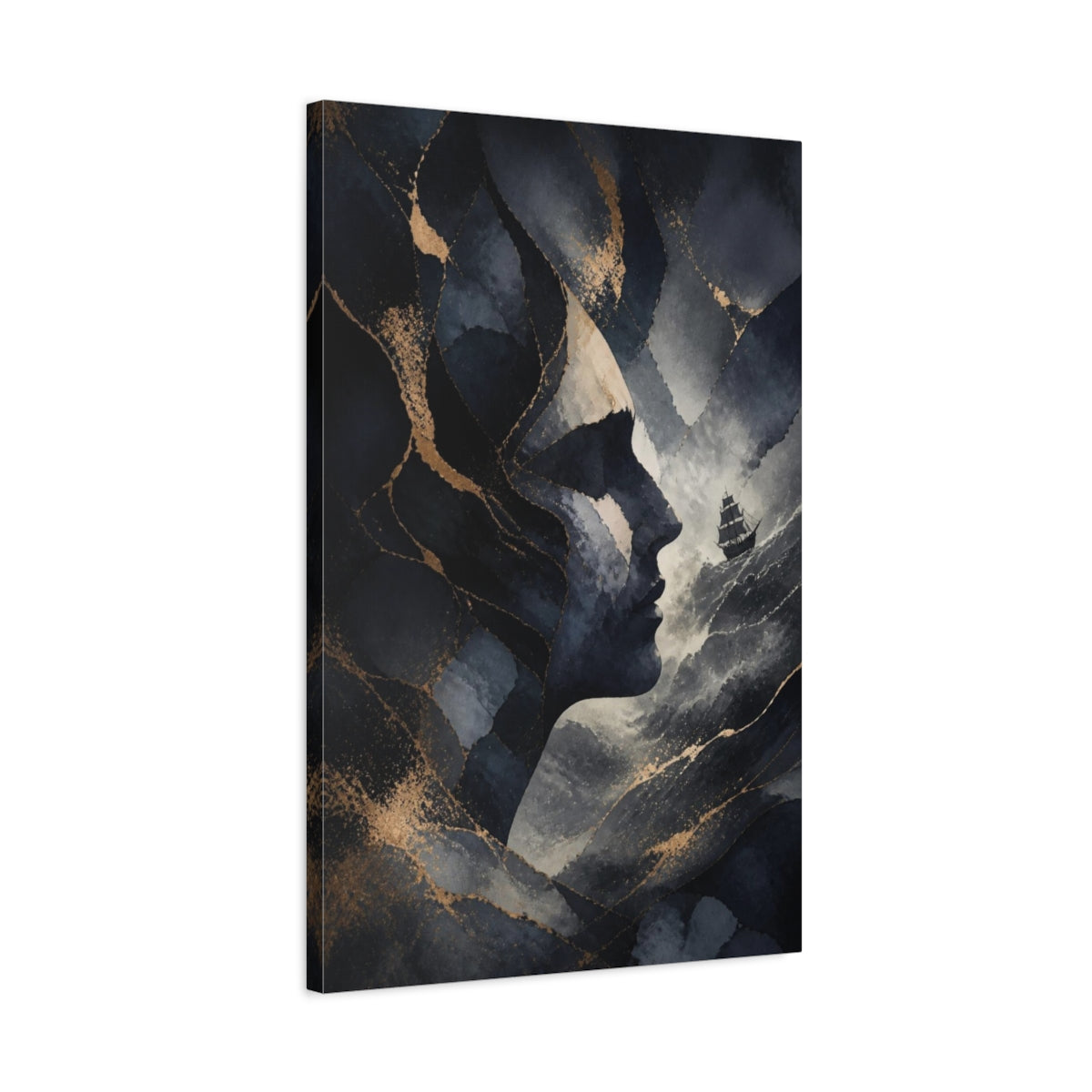 Side Mockup 2. Abstract Midnight Profile Ship shown as canvas print