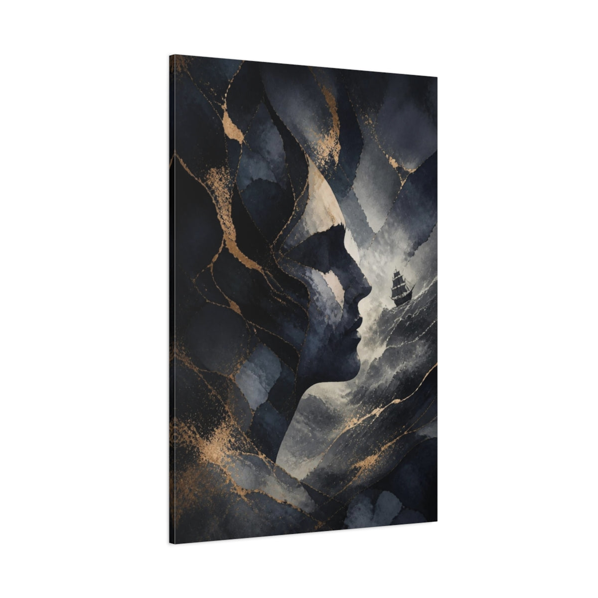 Side Mockup 1. Abstract Midnight Profile Ship shown as canvas print